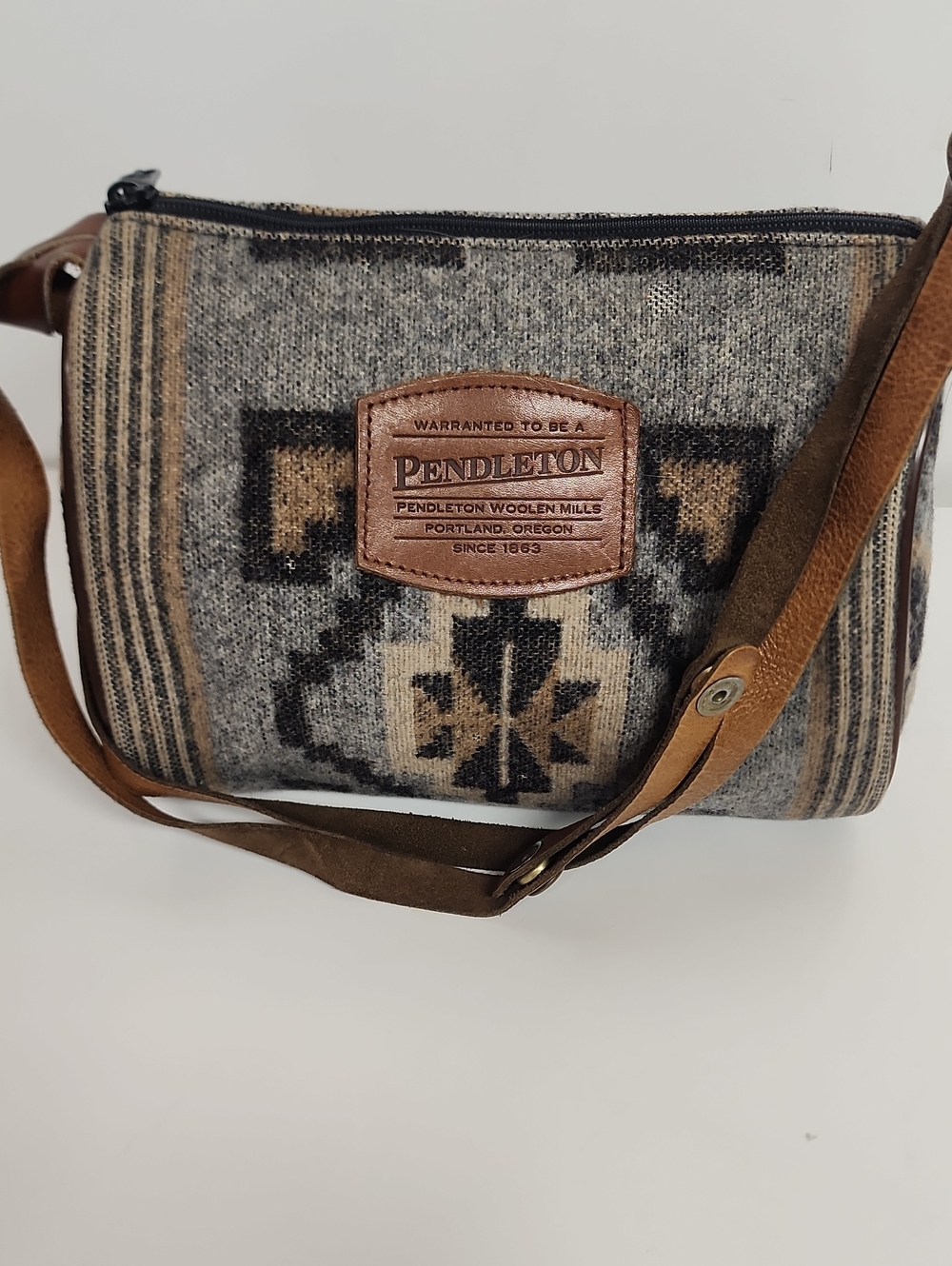 Pendleton Gray Wool Crossbody Messenger Saddle Bag with Brown Leather Trim